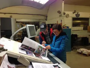 A photograph of Simon and Julie Freeman at the printers