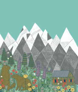 An illustration of some mountains with animals, flowers and a house