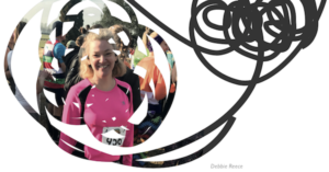 A photo of a woman with an abstract swirly background