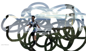 A photo of a woman with an abstract swirly background