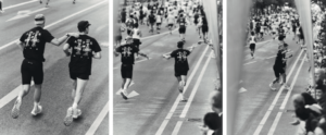 Three black and white photographs of two men running the Berlin Marathon together