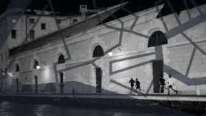 A black and white photo of people running along the canal