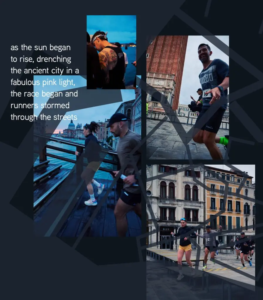 A collage of photos of a group running through Venice