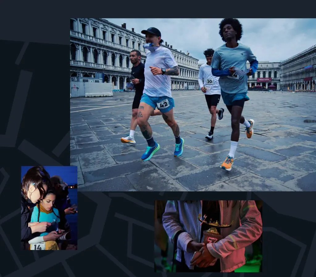 A collage of photos of a group running through Venice