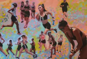 A collage of photos of women running against a colourful background